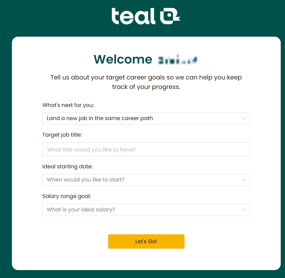 Start tour modal on Teal resume creator tool